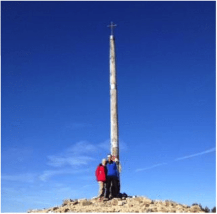Today's picture is us at the Cruz de Ferro (iron cross) situated at the highest point on the Camino (yes it's all down hill from here, believe that if you wish!). The cross is surrounded with messages to loved ones, there was a poster for a girl missing on the Camino