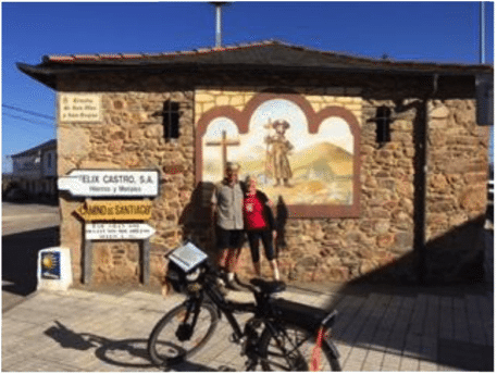 The 2nd picture is of us with one of the many pilgrim mosaics or paintings which we pass en route. We asked an Italian cyclist to take the pic for us, of course he couldn't resist including his bike, could he?