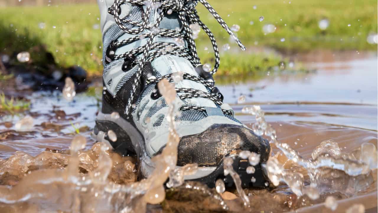 Hiking shoe in a puddle of water