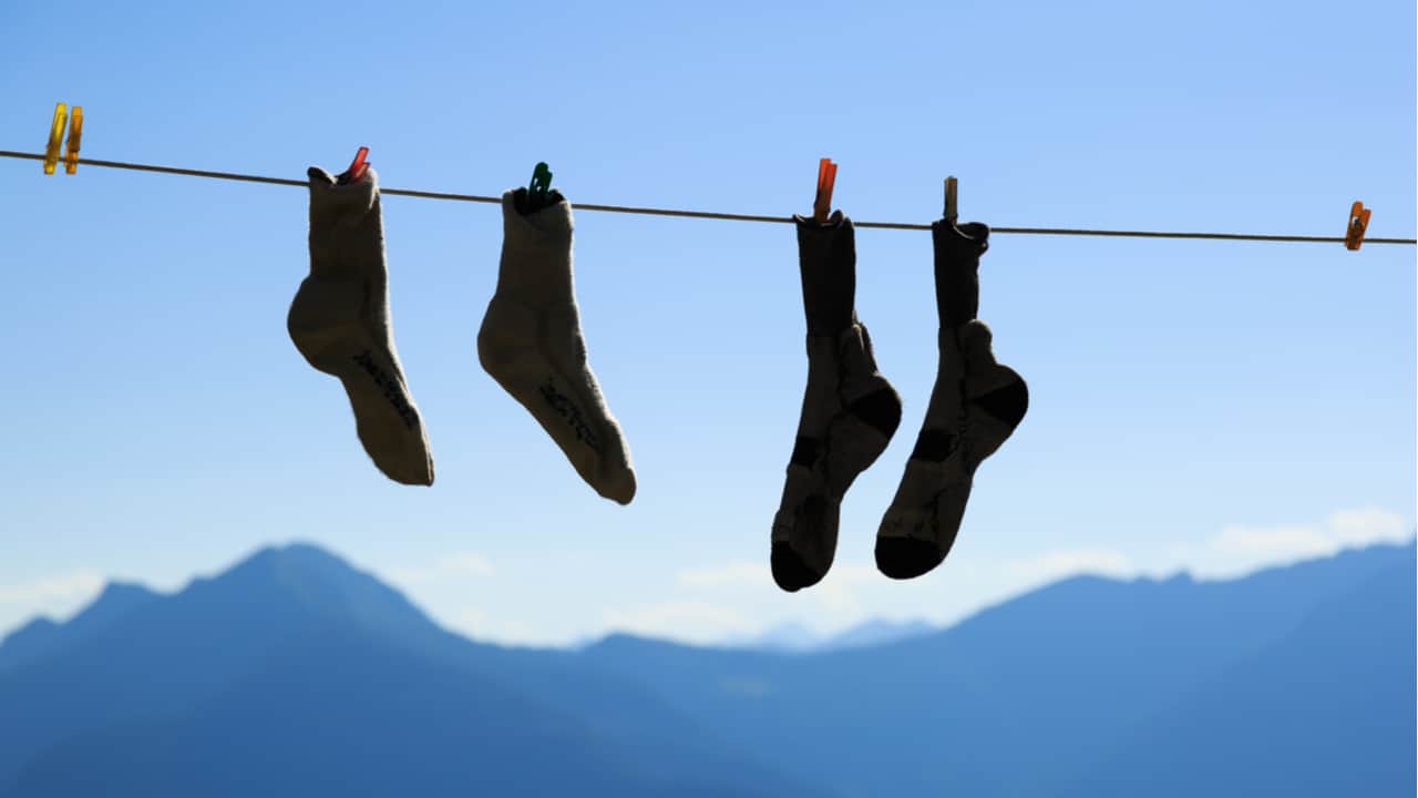 Hiking socks on a clothes line