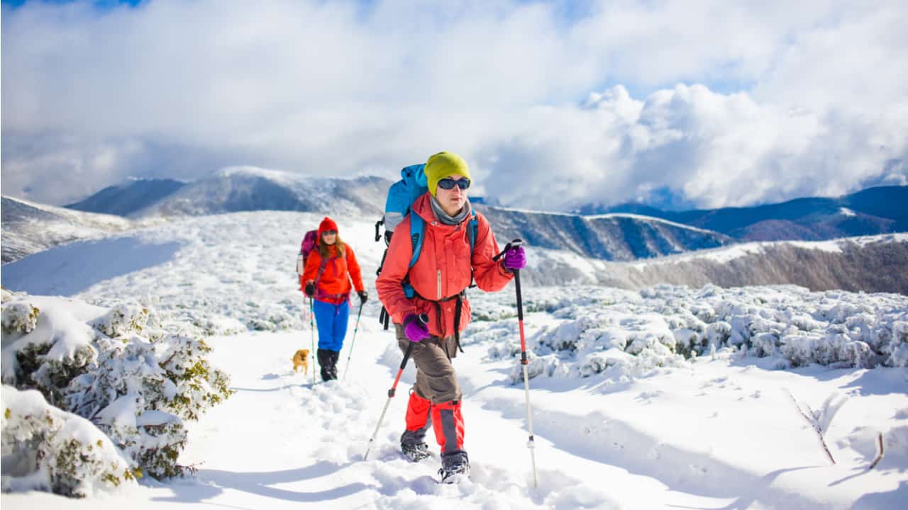 Hiker using poles in the snow