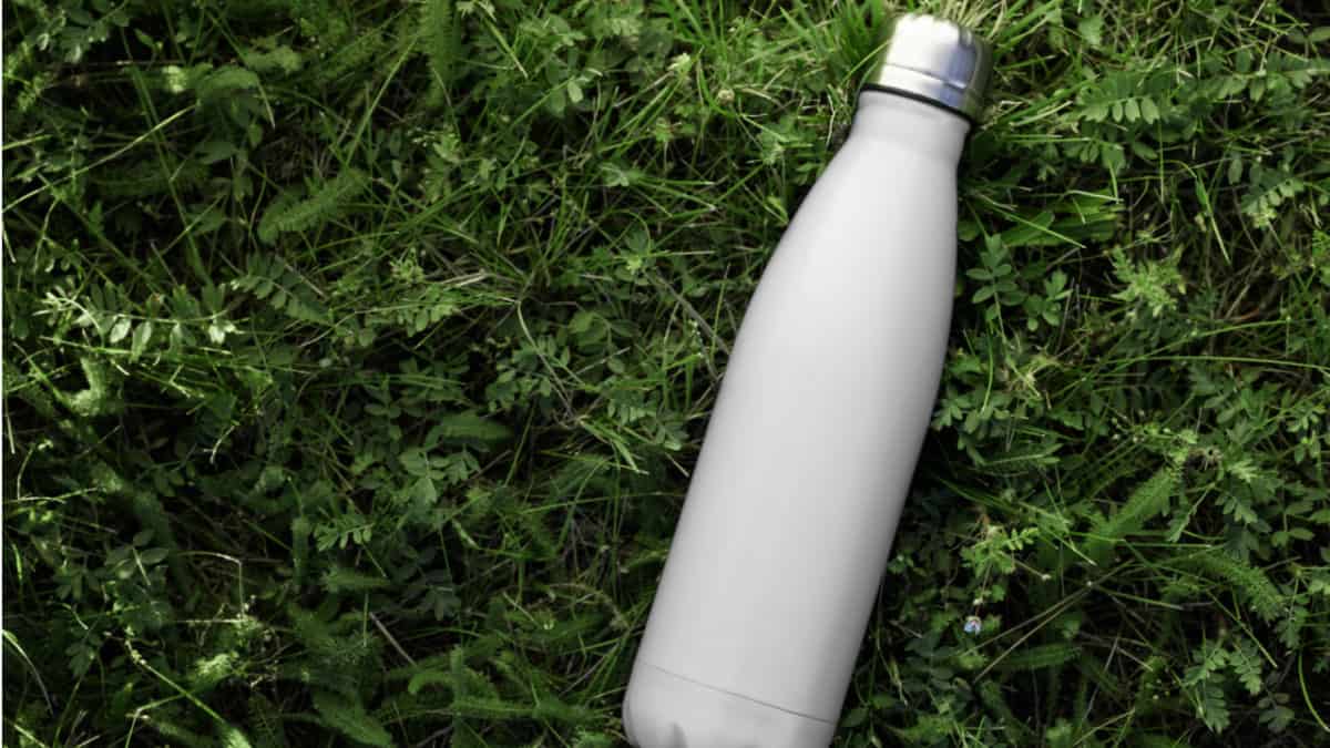 Stainless steel bottle on grass