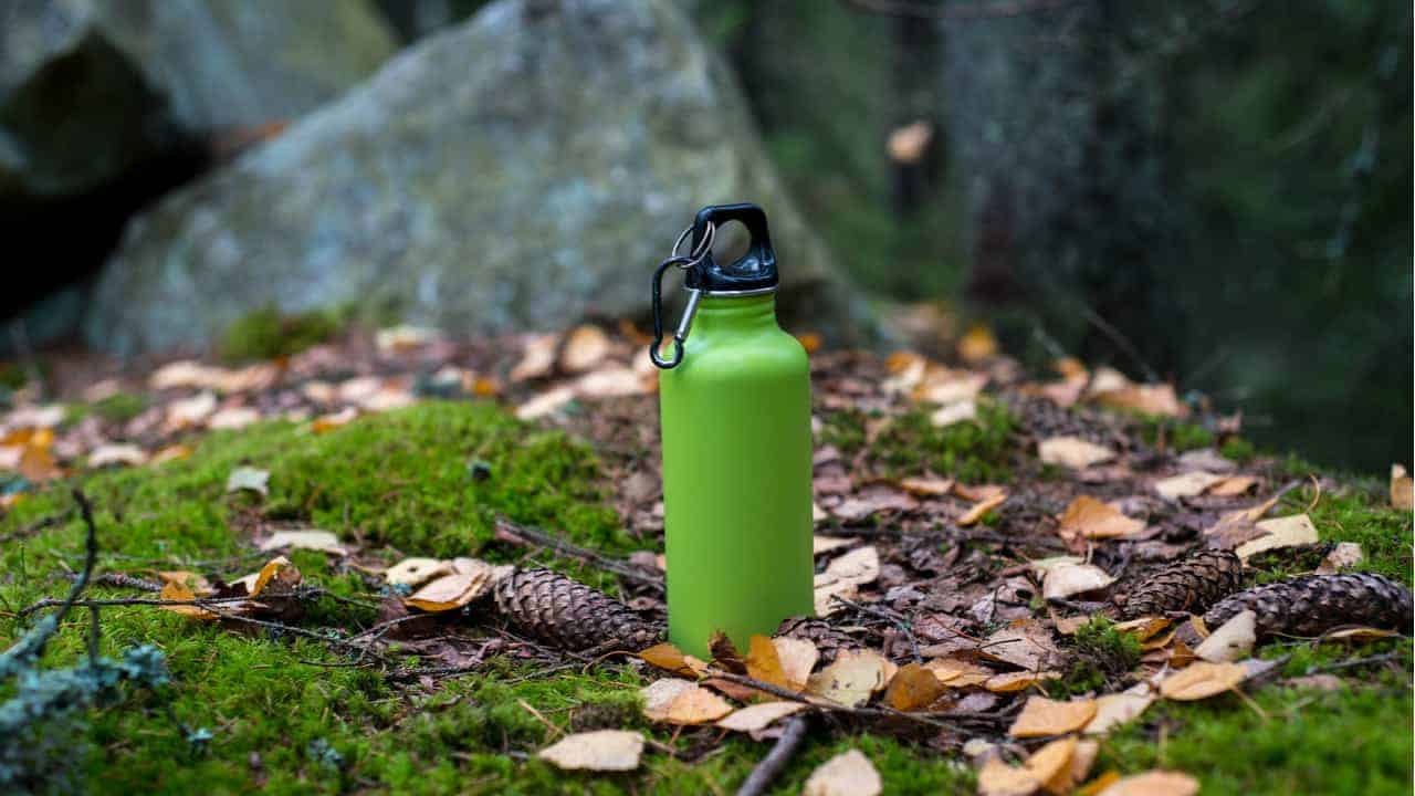 Green Hydro Flask standing on leaves