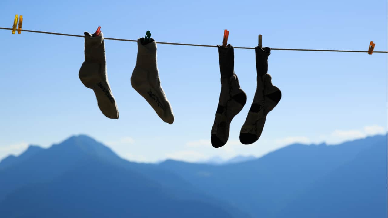 hiking socks on a mountain backdrop