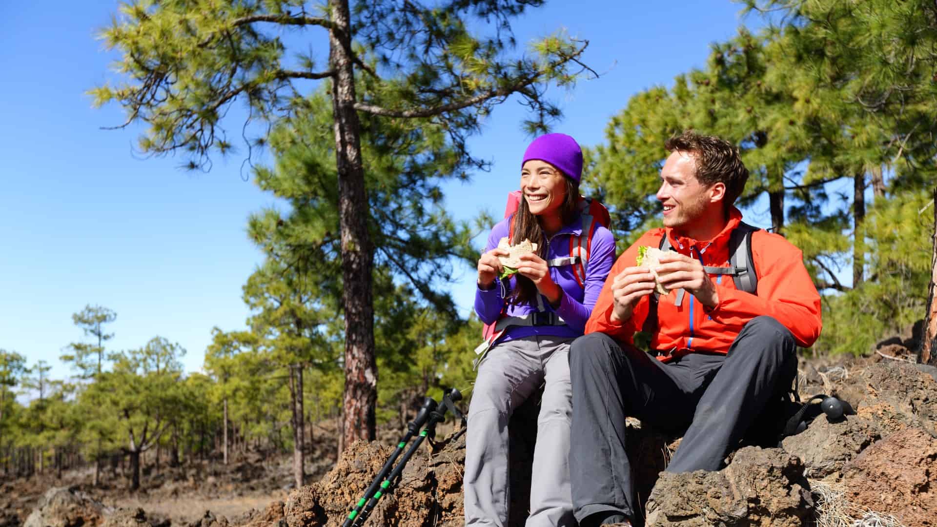 Hikers eating sandwiches