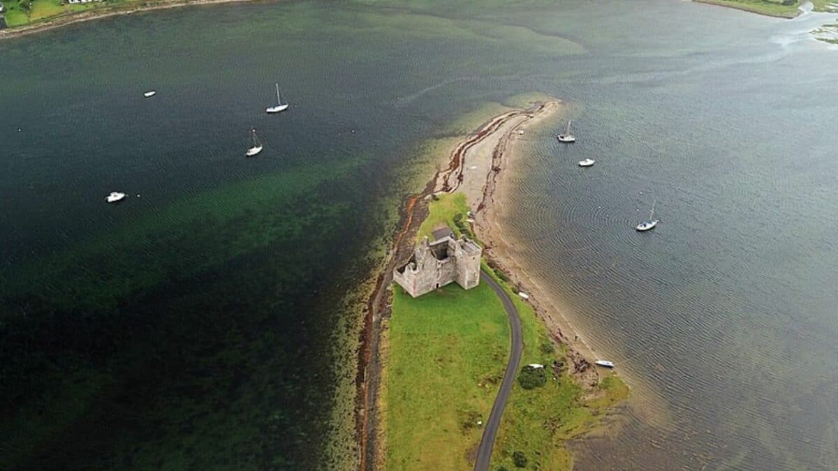 Aerial view of Lochranza Castle near Lochranza Beach