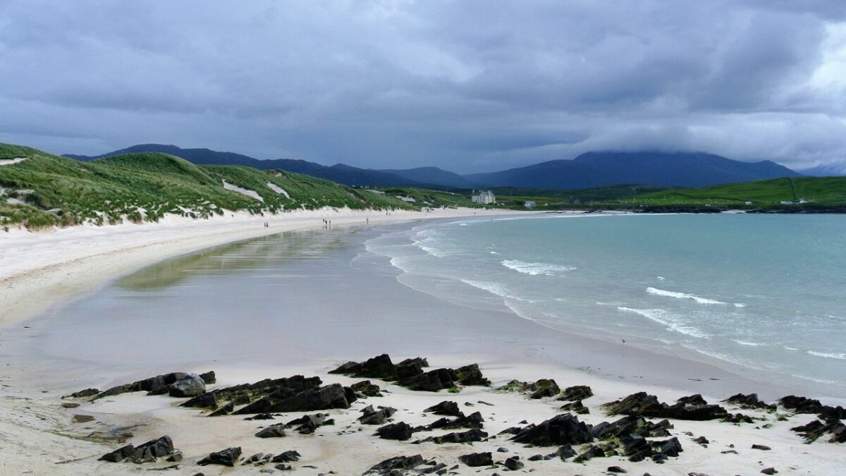 White sand and green hills on Durness Beach