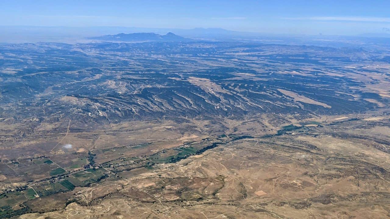 Aerial view of La Plata river near Bay City Campground near Durango