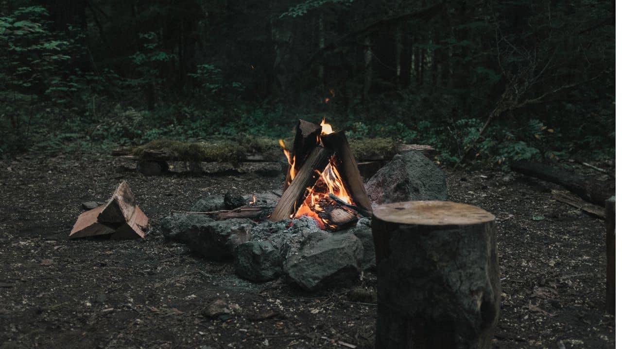 Campfire at a campground in a National Forest in the evening