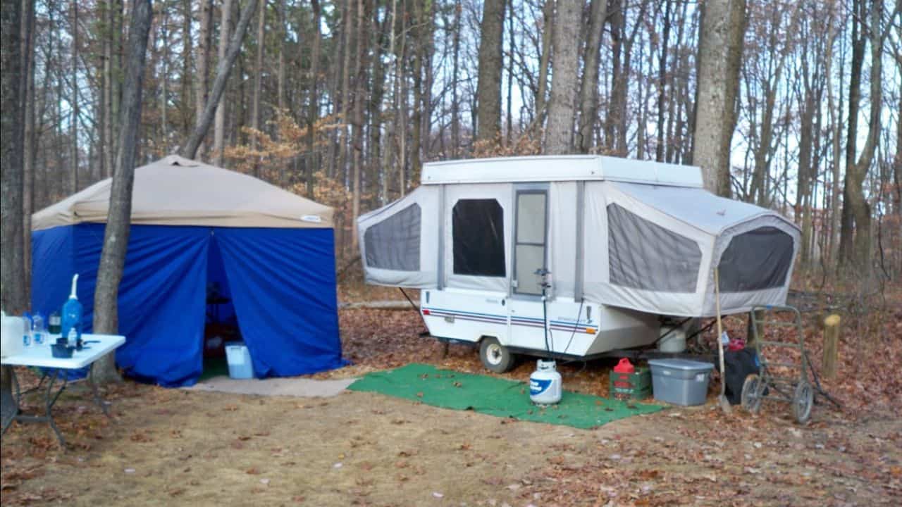 Tent and RV at a campsite in Hoosier National Forest, Indiana