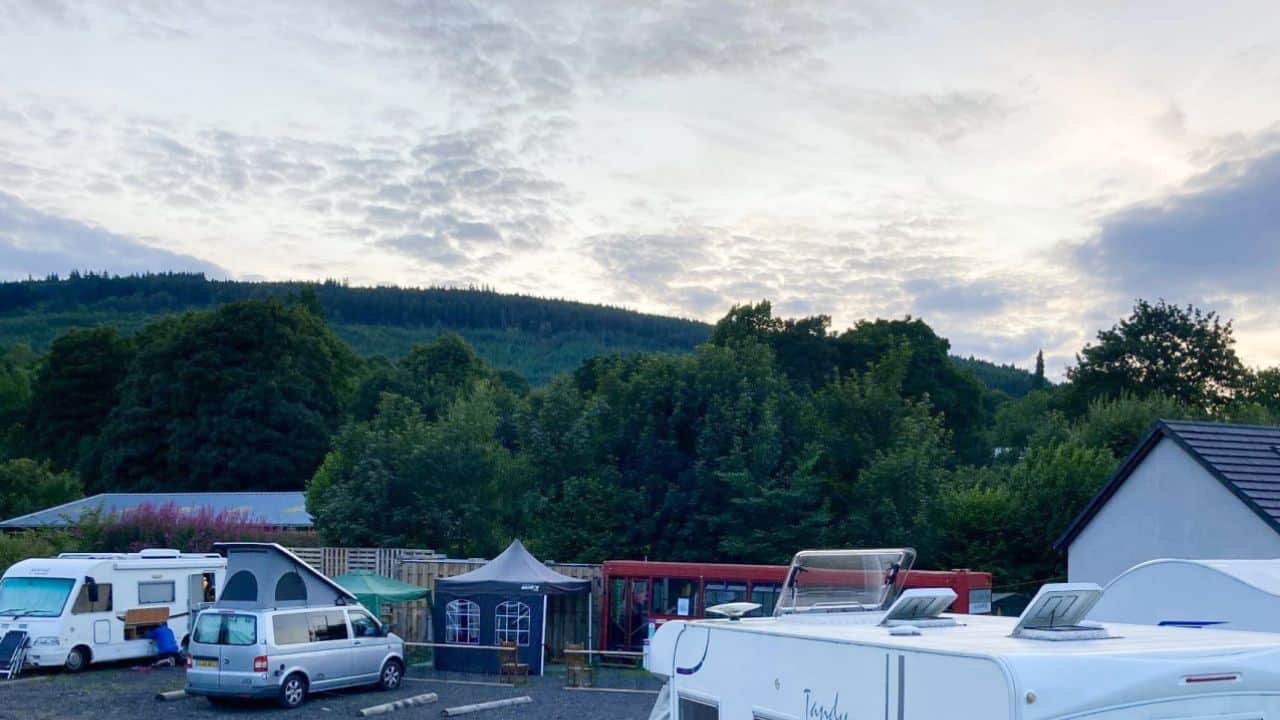 Campervans and motorhomes at Dave's Rest, Loch Ness