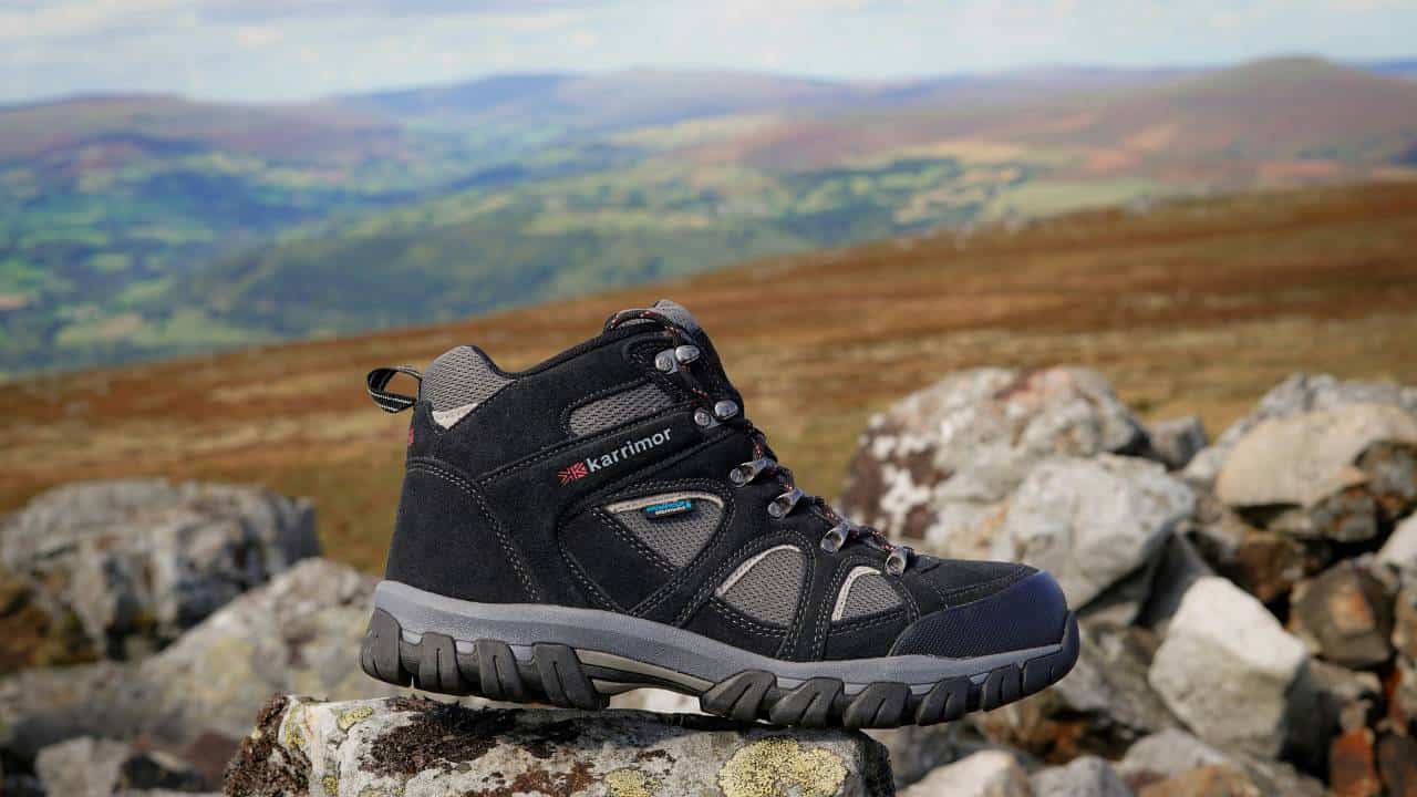 A Karrimor hiking shoe on rocky terrain
