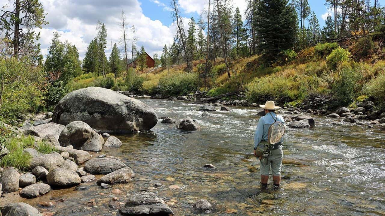 Man fishing Elk River on a beautiful day