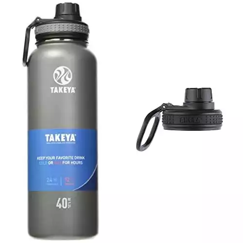 Takeya Originals Vacuum Insulated Stainless Steel Water Bottle, 40 Ounce, Graphite & Originals Bottle Replacement, Spout, Black