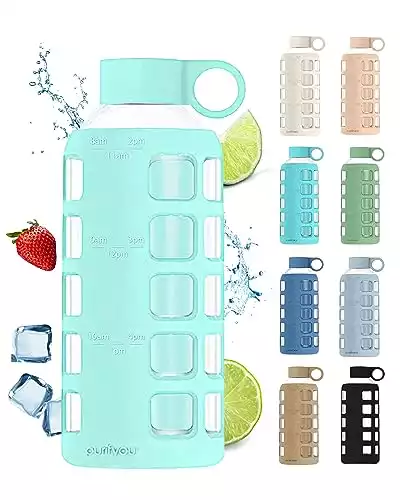 purifyou Premium 40/32 / 22/12 oz Glass Water Bottles with Volume & Times to Drink, Silicone Sleeve & Stainless Steel Lid Insert, Reusable Bottle for Fridge Water, Juice (22oz Glow in the Dark...