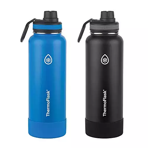 Thermoflask Stainless Steel 40-Ounce Water Bottle with Spout Lid and Bumper (Blue/Black), 2-Count