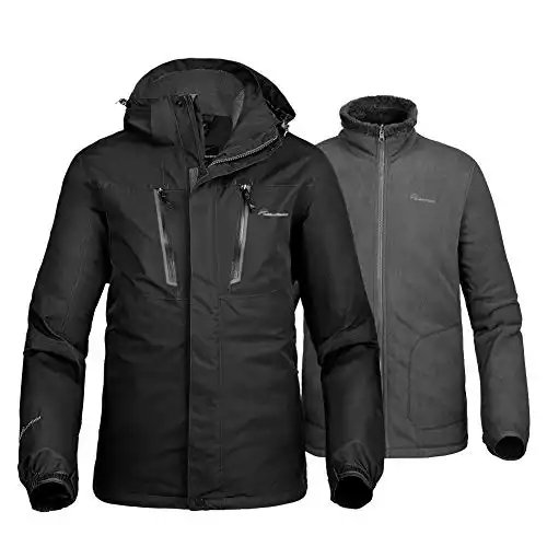 OutdoorMaster Men's 3-in-1 Ski Jacket - Winter Jacket Set with Fleece Liner Jacket & Hooded Waterproof Shell - for Men (Black,M)