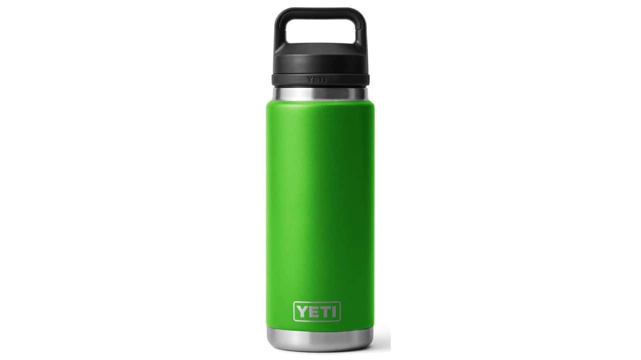 A bright yellow Yeti reusable water bottle 