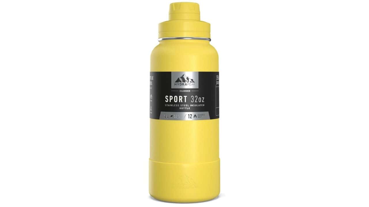 A bright yellow Hydrapeak reusable water bottle 