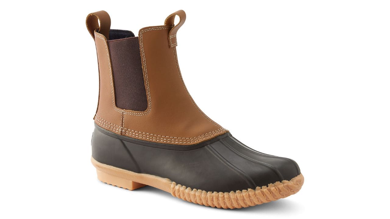 A black and brown Land's End three-season boot