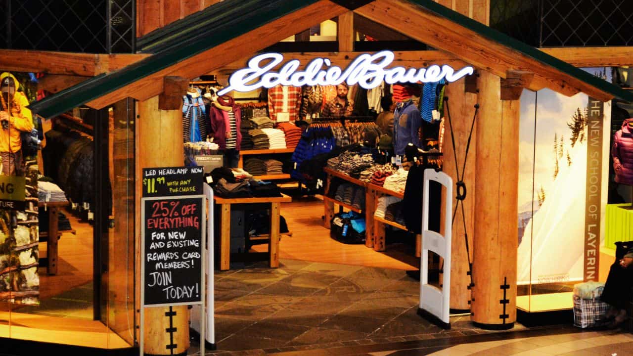 A well-lit entrance to an Eddie Bauer store
