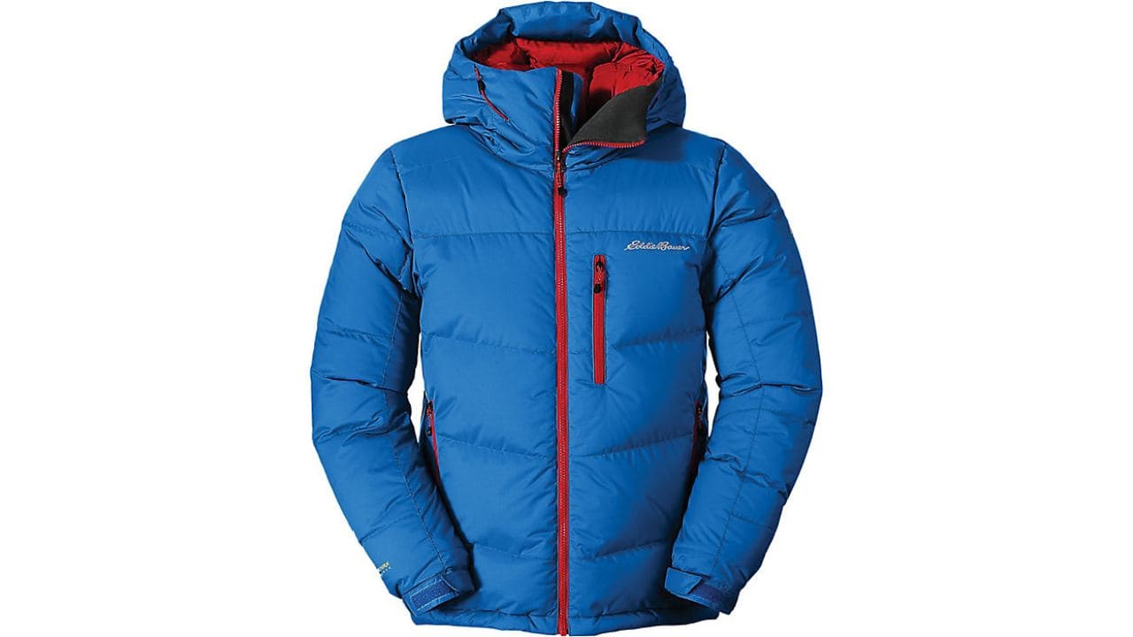 A blue and red Eddie Bauer down jacket