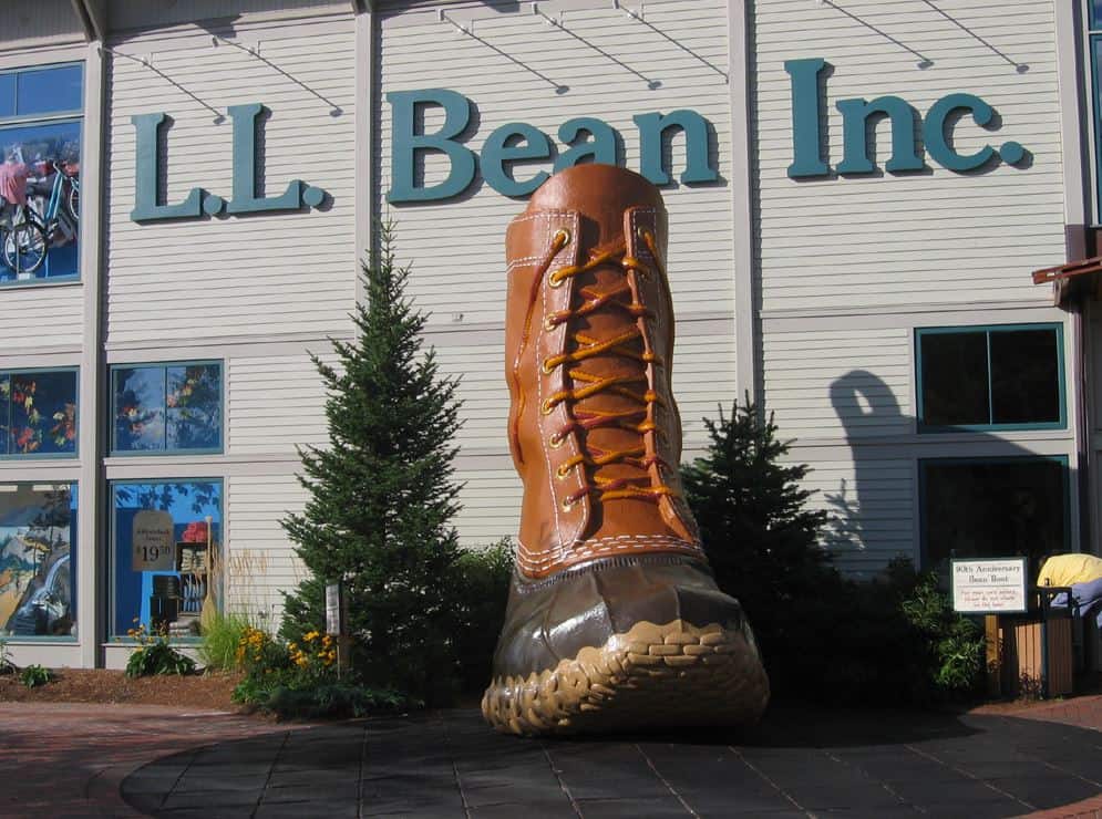 A statue of a boot in front of an L.L. Bean store
