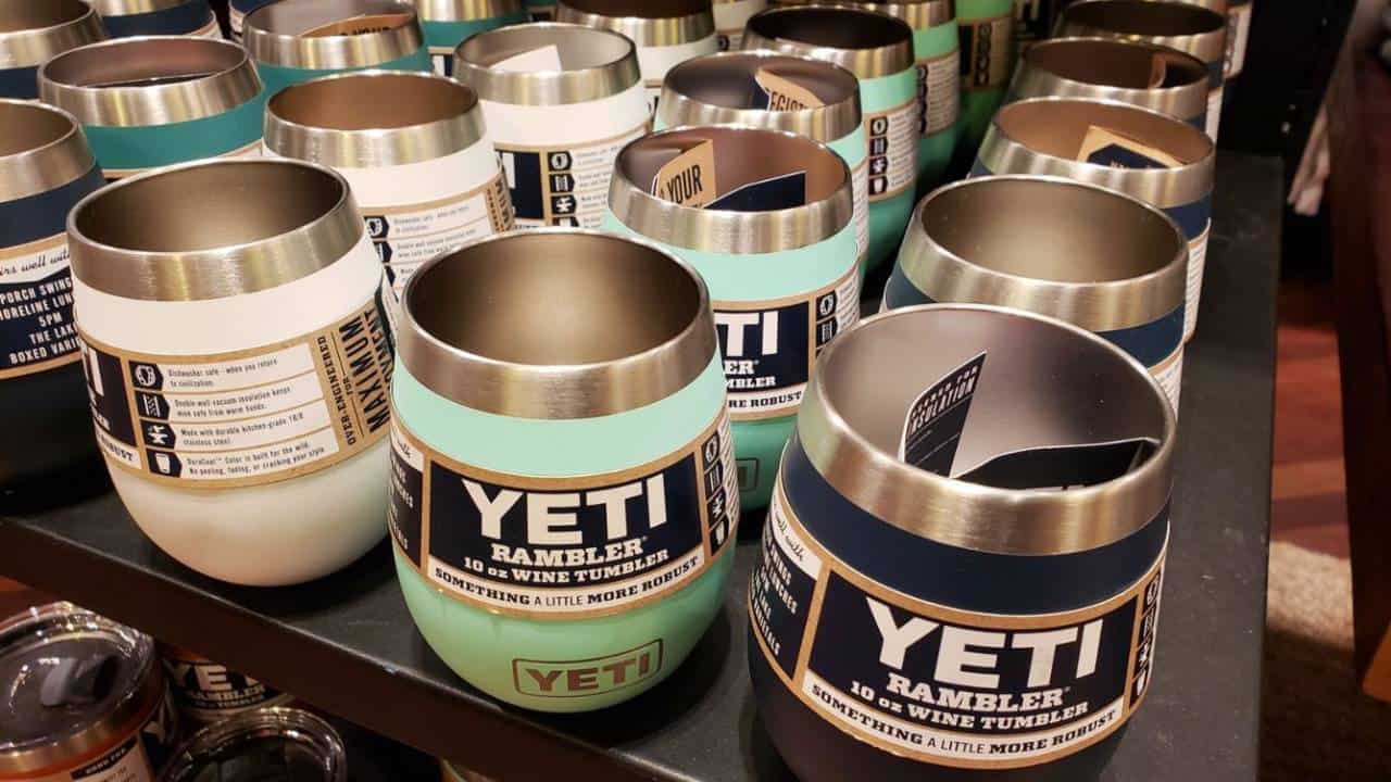 Various Yeti tumblers on a table 